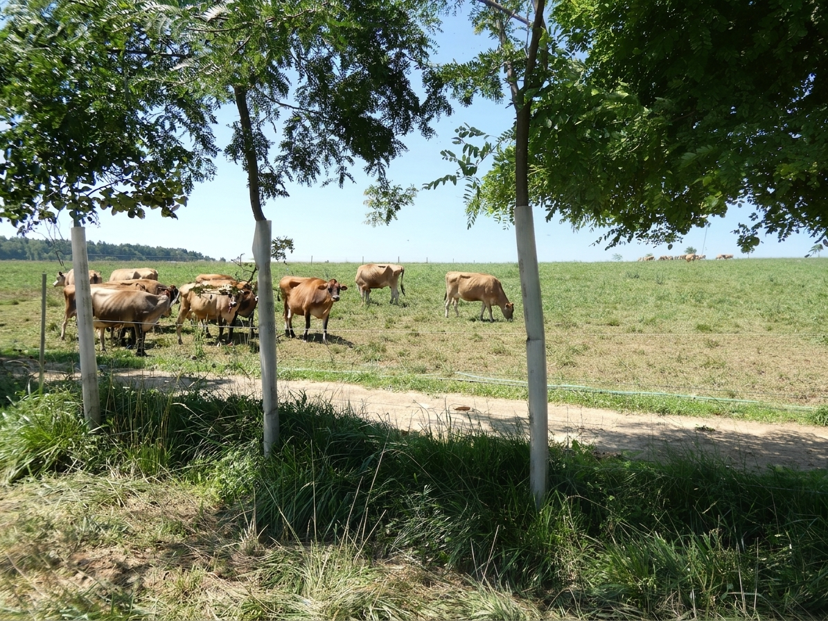 cows-behind-fence-of-trees cows behind fence of trees