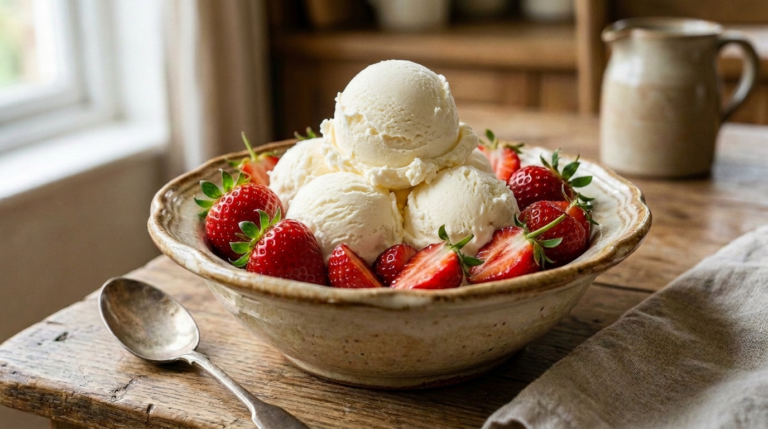 homemade ice cream with strawberries